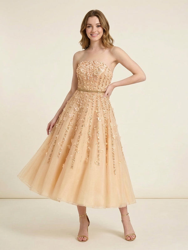 Tulle A-Line Strapless Midi Evening Dresses with 3D Flowers
