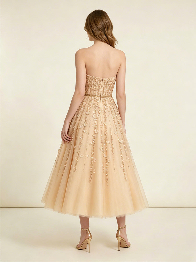 Tulle A-Line Strapless Midi Evening Dresses with 3D Flowers