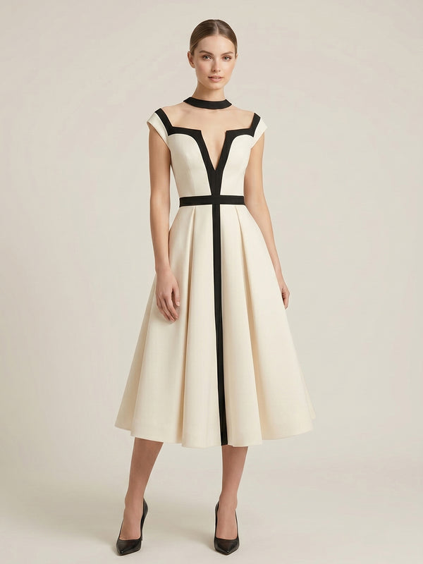 Satin A-Line V Neck Midi Evening Dresses with Pleats