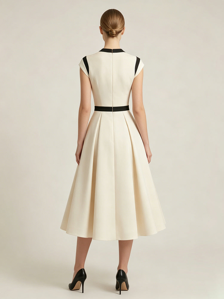 Satin A-Line V Neck Midi Evening Dresses with Pleats