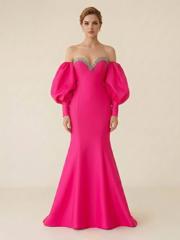 Satin Mermaid Off the Shoulder Long Evening Dresses with Rhinestone