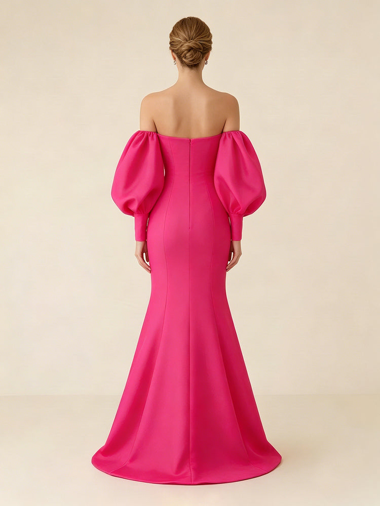Satin Mermaid Off the Shoulder Long Evening Dresses with Rhinestone