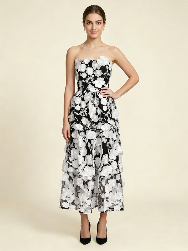 Chiffon Floral A-Line Strapless Long Evening Dresses with 3D Flowers