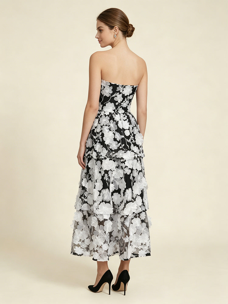 Chiffon Floral A-Line Strapless Long Evening Dresses with 3D Flowers