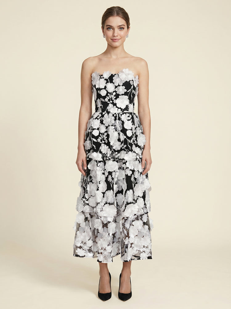 Chiffon Floral A-Line Strapless Long Evening Dresses with 3D Flowers