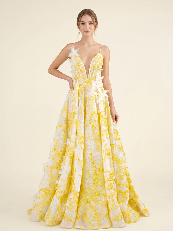 Jacquard A-Line Spaghetti Straps Long Evening Dresses with 3D Flowers