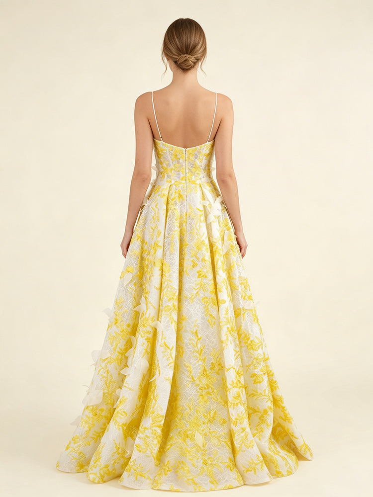 Jacquard A-Line Spaghetti Straps Long Evening Dresses with 3D Flowers