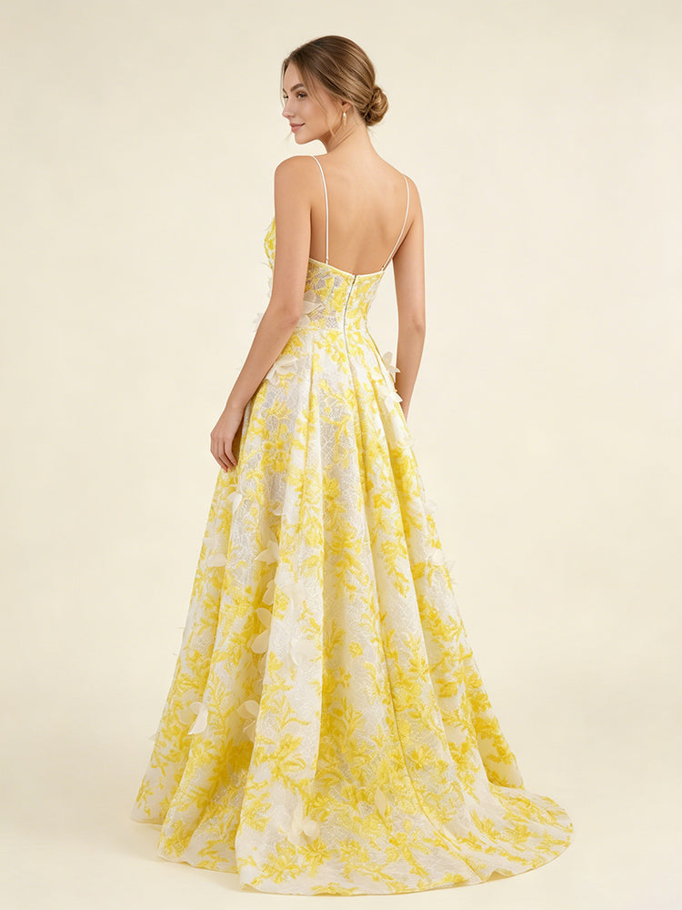 Jacquard A-Line Spaghetti Straps Long Evening Dresses with 3D Flowers