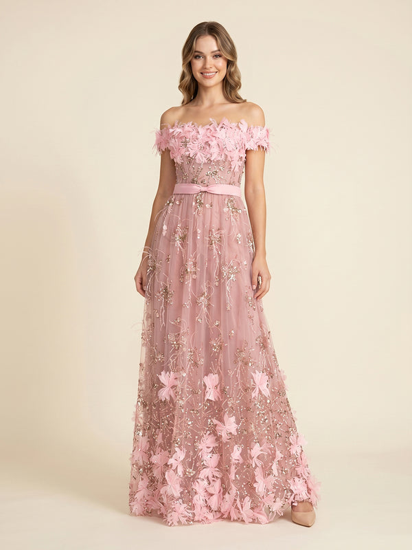 Tulle A-Line Off the Shoulder Long Evening Dresses with 3D Flowers