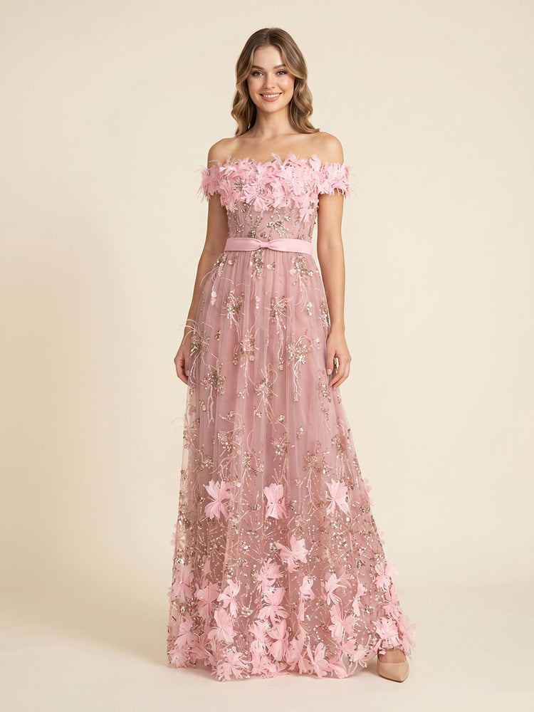 Tulle A-Line Off the Shoulder Long Evening Dresses with 3D Flowers