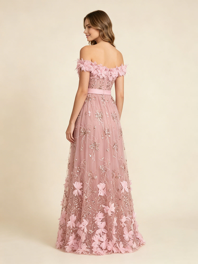 Tulle A-Line Off the Shoulder Long Evening Dresses with 3D Flowers