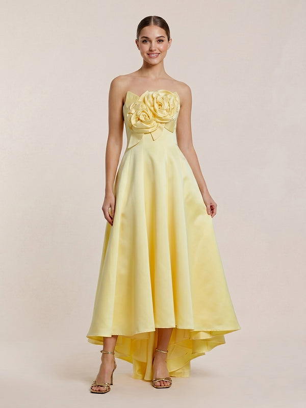 Satin A-Line Strapless Long Evening Dresses with 3D Flowers