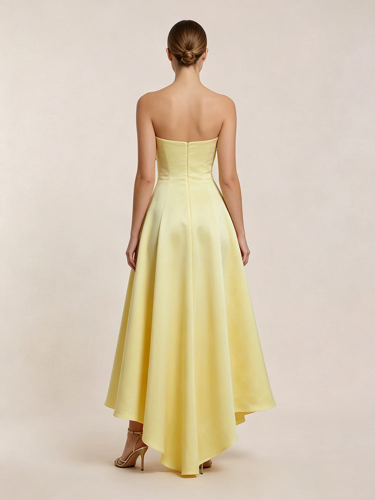 Satin A-Line Strapless Long Evening Dresses with 3D Flowers