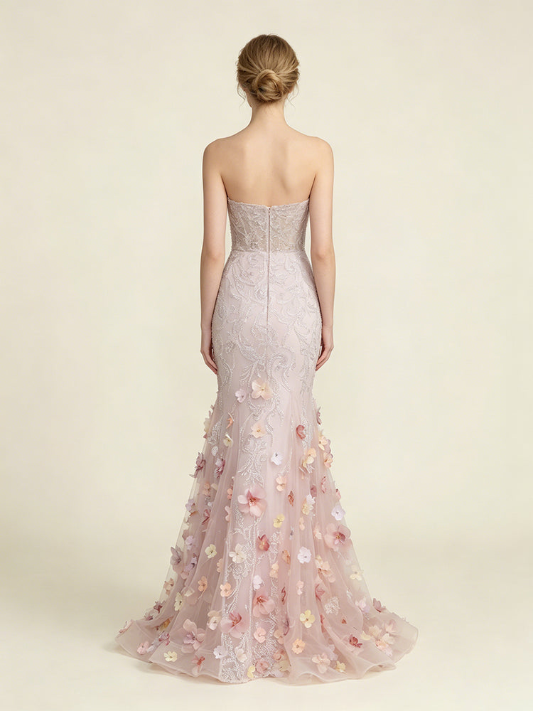 Tulle Mermaid Strapless Long Evening Dresses with Beadings