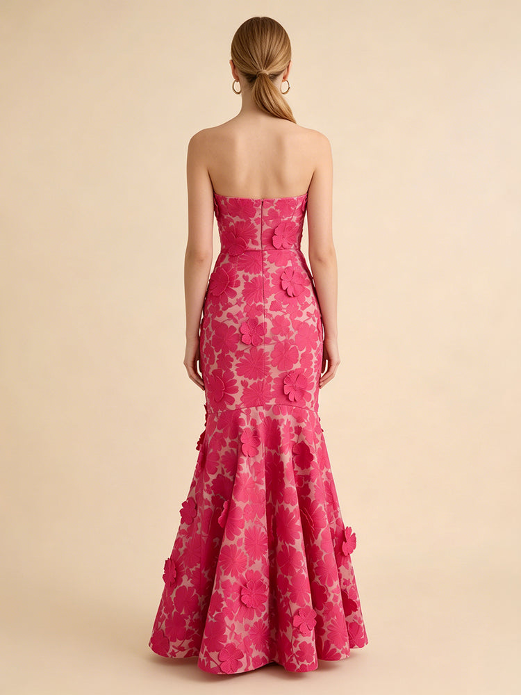 Floral Mermaid Strapless Long Evening Dresses with 3D Flowers