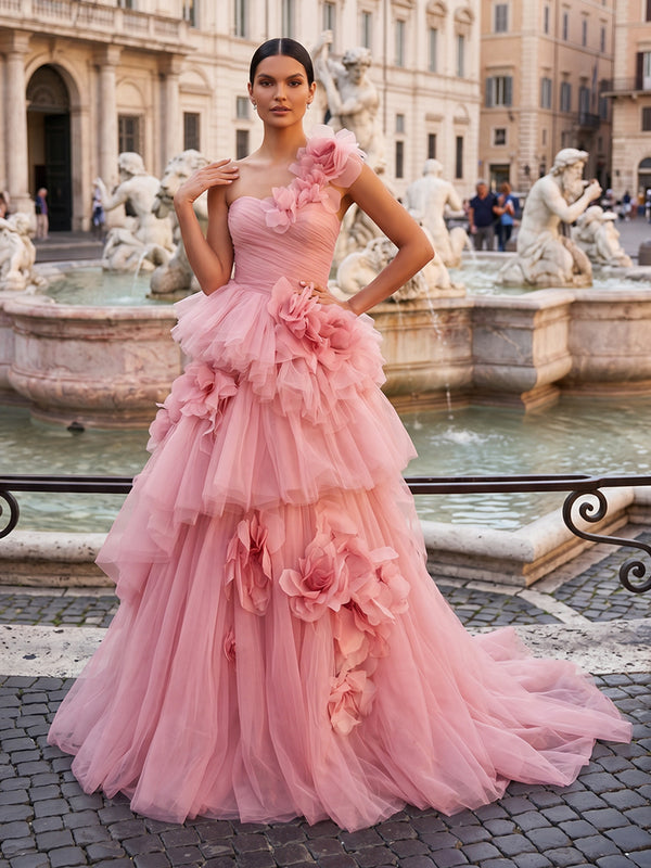Tulle Ball Gown One Shoulder Long Evening Dresses with Ruffles