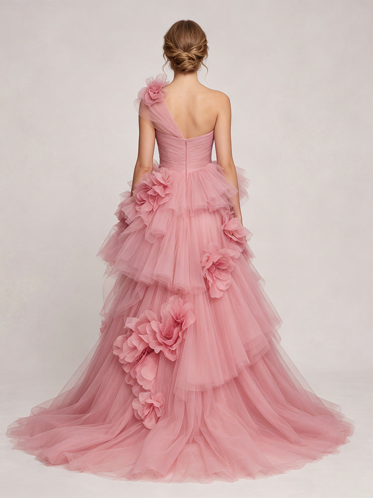 Tulle Ball Gown One Shoulder Long Evening Dresses with Ruffles