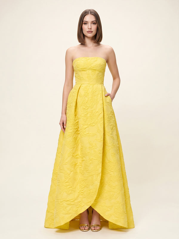 Satin Jacquard A-Line Strapless Long Evening Dresses with Pleats