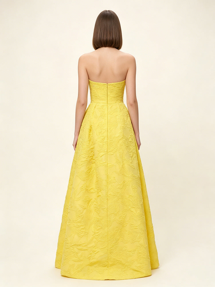 Satin Jacquard A-Line Strapless Long Evening Dresses with Pleats