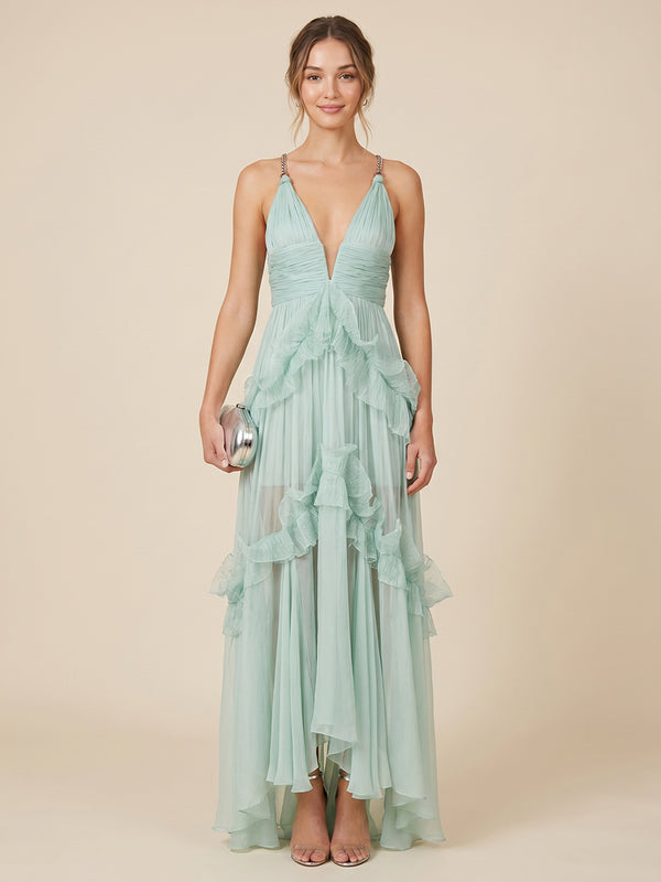 Chiffon A-Line Spaghetti Straps Long Evening Dresses with Ruffles