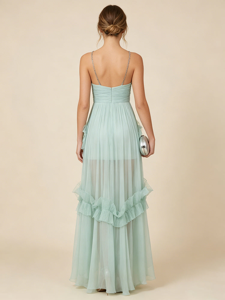 Chiffon A-Line Spaghetti Straps Long Evening Dresses with Ruffles