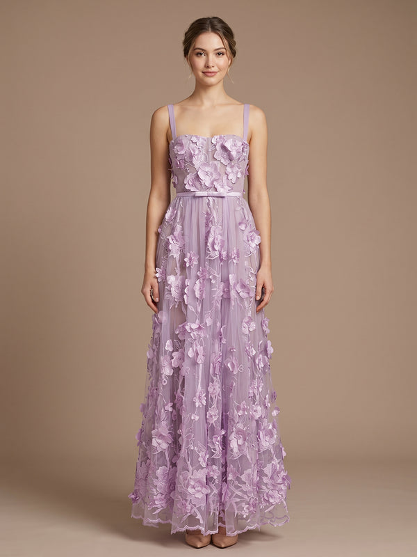 Tulle A-Line Spaghetti Straps Long Evening Dresses with 3D Flowers