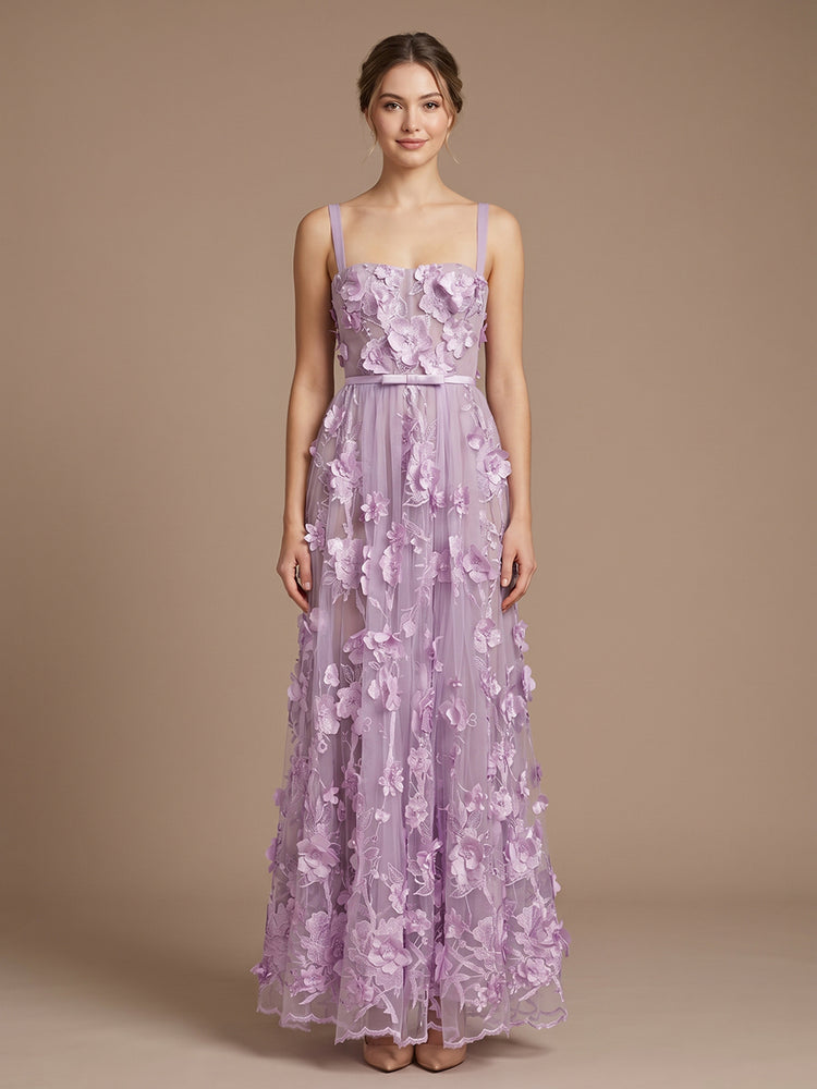 Tulle A-Line Spaghetti Straps Long Evening Dresses with 3D Flowers