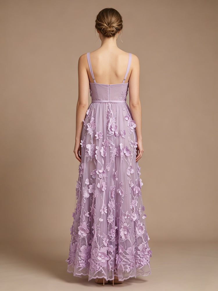 Tulle A-Line Spaghetti Straps Long Evening Dresses with 3D Flowers