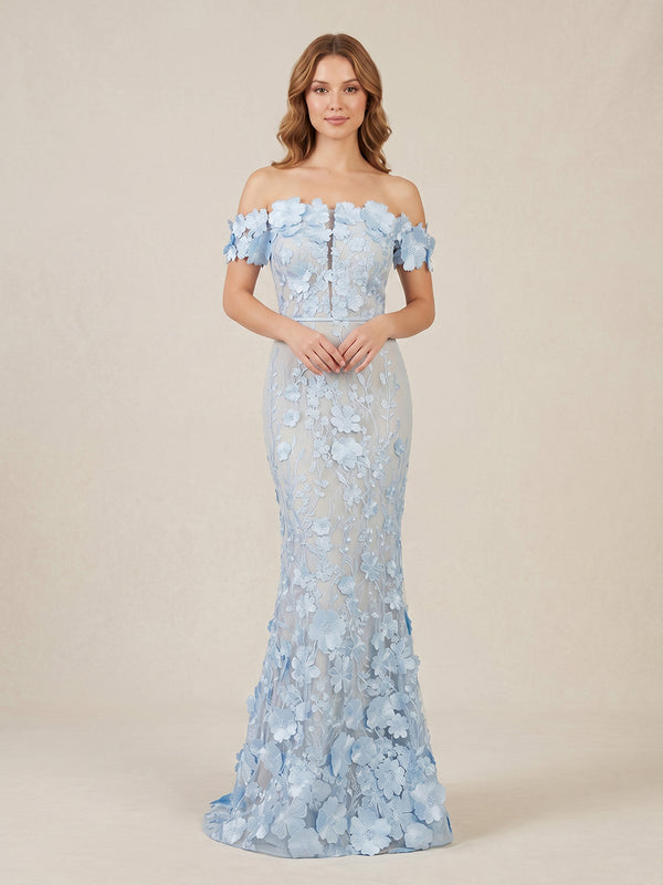 Tulle Mermaid Off the Shoulder Long Evening Dresses with 3D Flowers