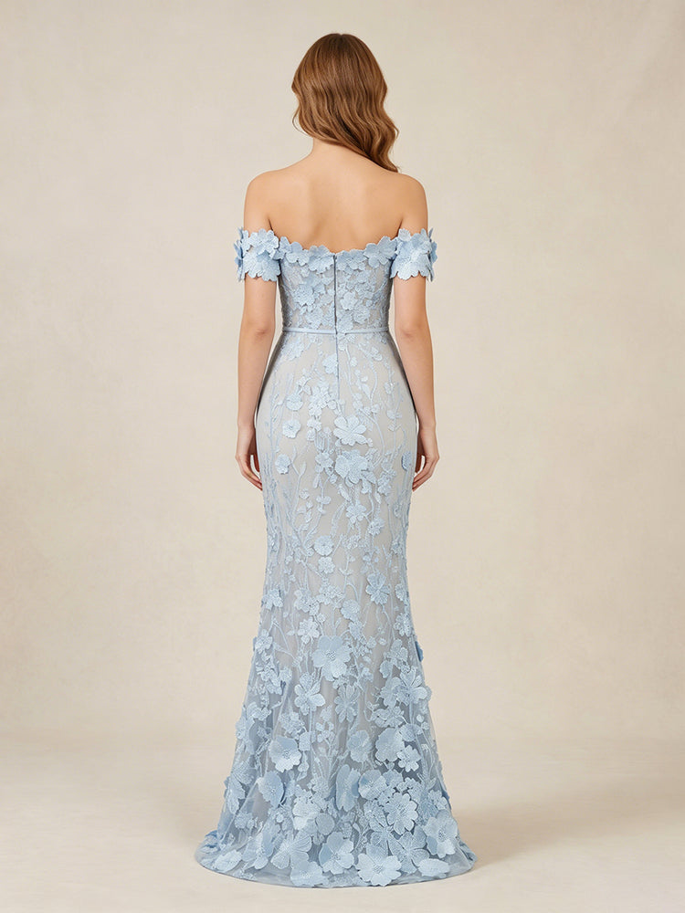 Tulle Mermaid Off the Shoulder Long Evening Dresses with 3D Flowers
