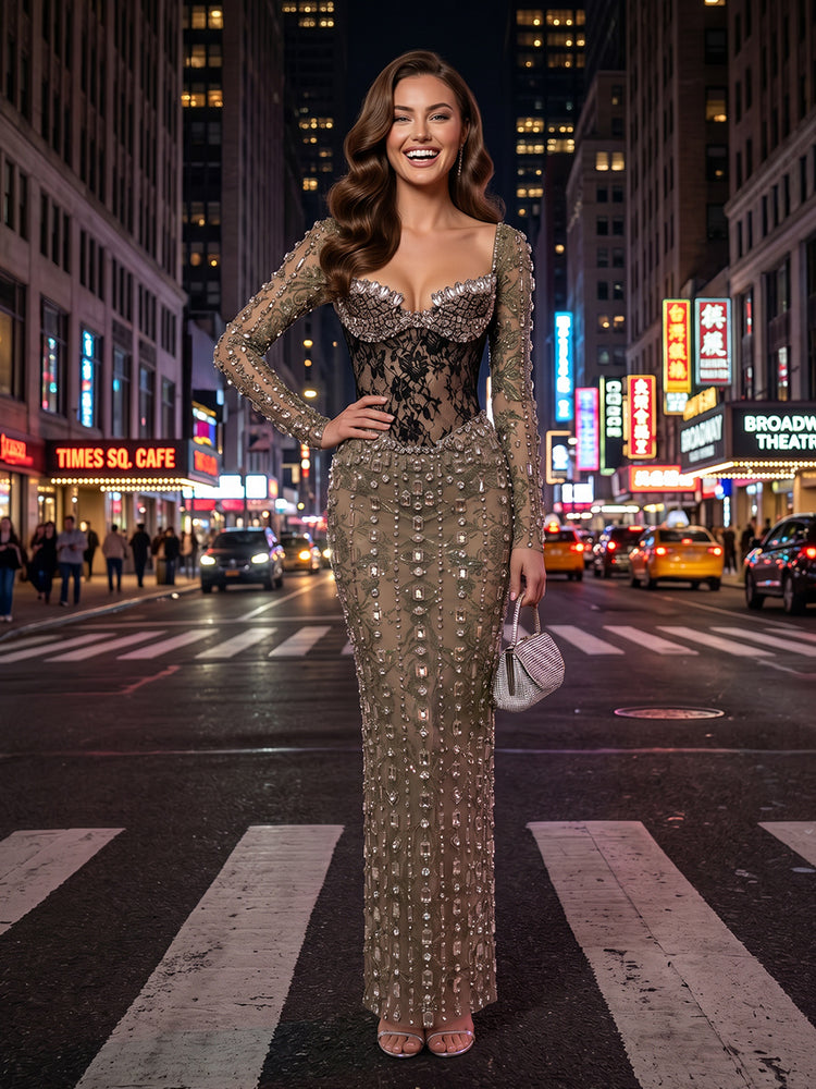 Tulle Sheath Sweetheart Long Evening Dresses with Rhinestone
