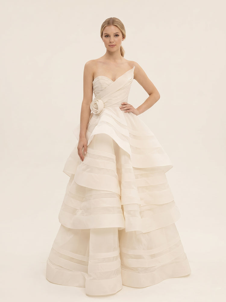 Organza Ball Gown Sweetheart Long Evening Dresses with Tiered Ruffles