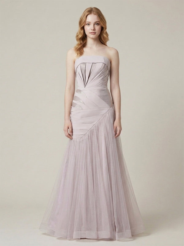 Satin Mermaid Strapless Long Evening Dresses with Pleats