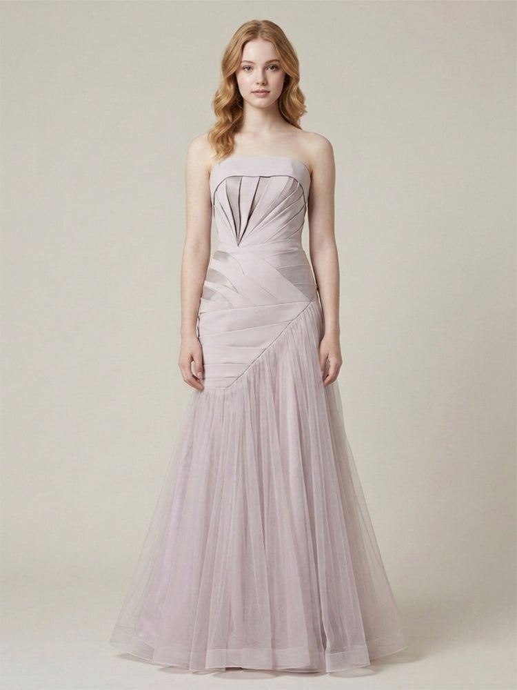 Satin Mermaid Strapless Long Evening Dresses with Pleats
