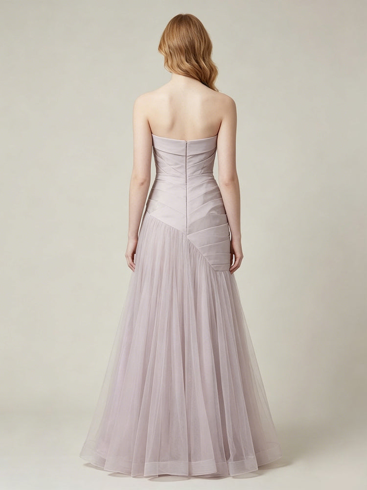 Satin Mermaid Strapless Long Evening Dresses with Pleats