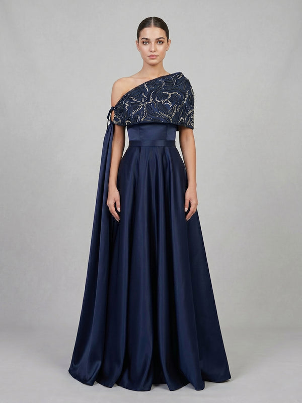 Satin A-Line One Shoulder Long Evening Dresses with Sequin