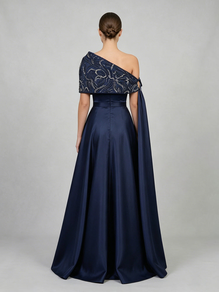 Satin A-Line One Shoulder Long Evening Dresses with Sequin
