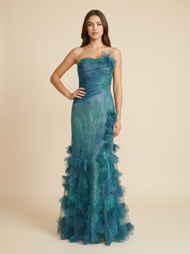 Tulle Mermaid Strapless Long Evening Dresses with Ruffles