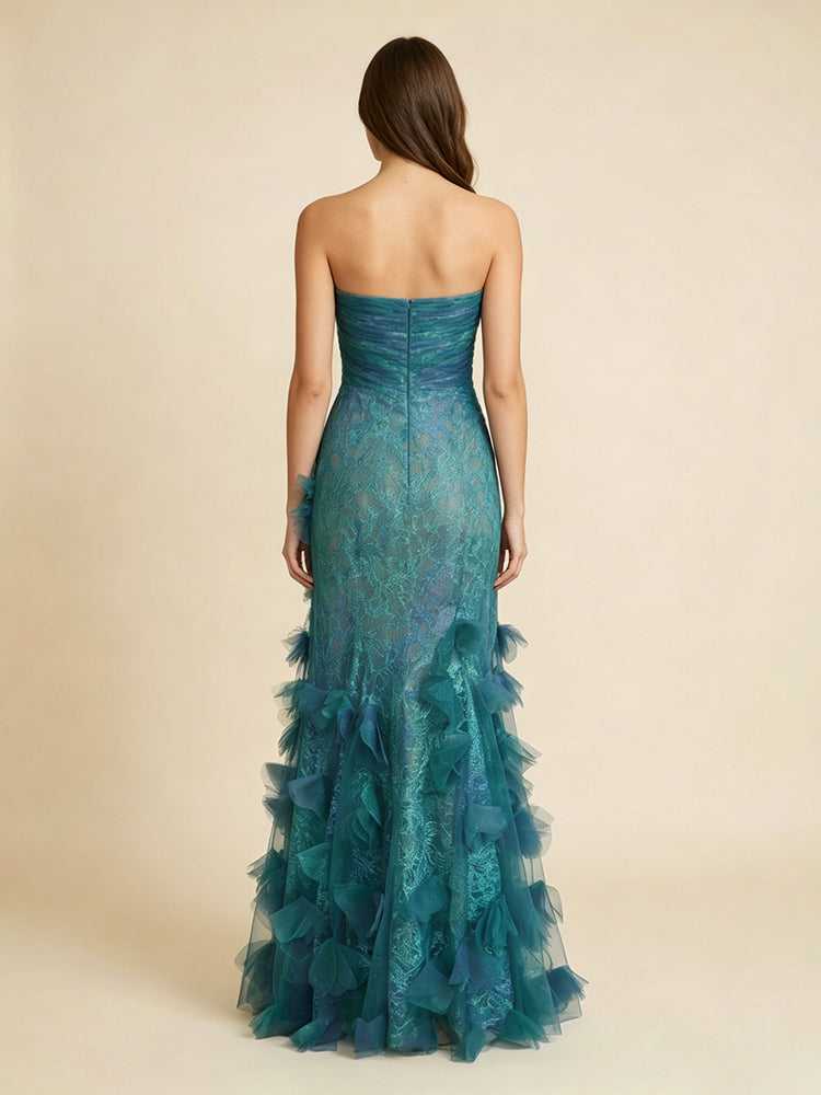 Tulle Mermaid Strapless Long Evening Dresses with Ruffles