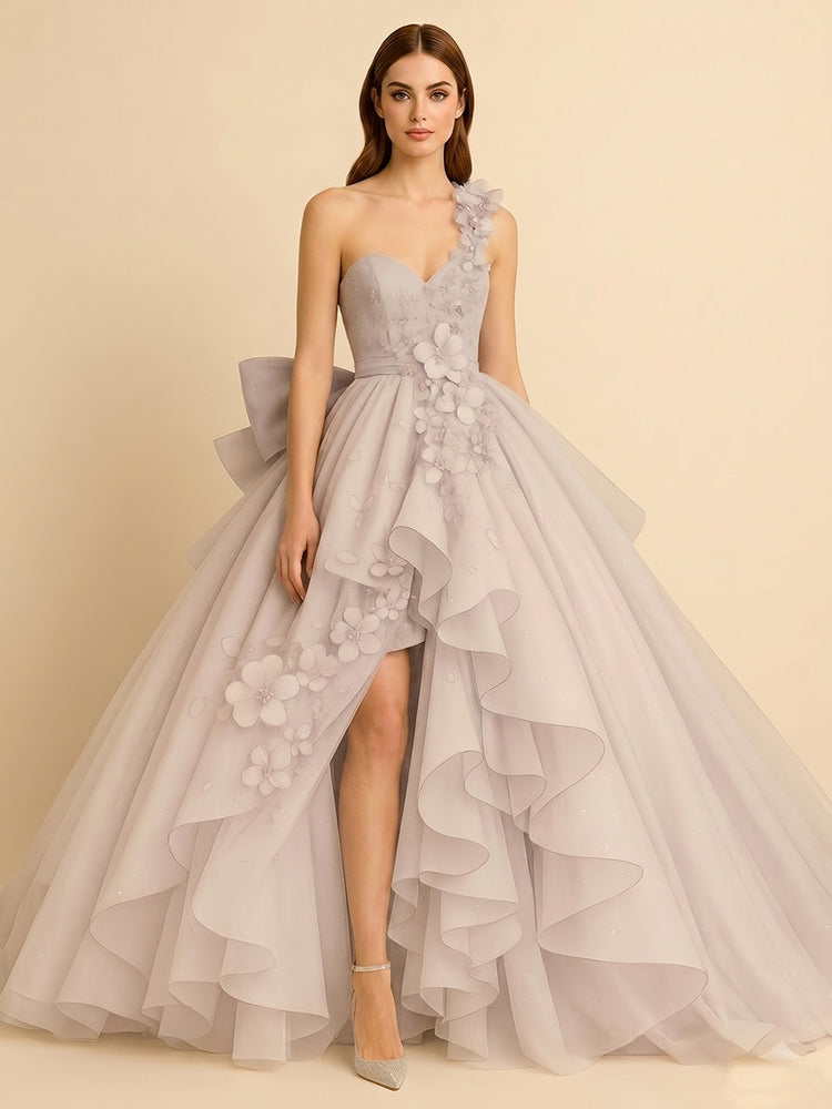 Organza Ball Gown One Shoulder Long Evening Dresses with 3D Flowers