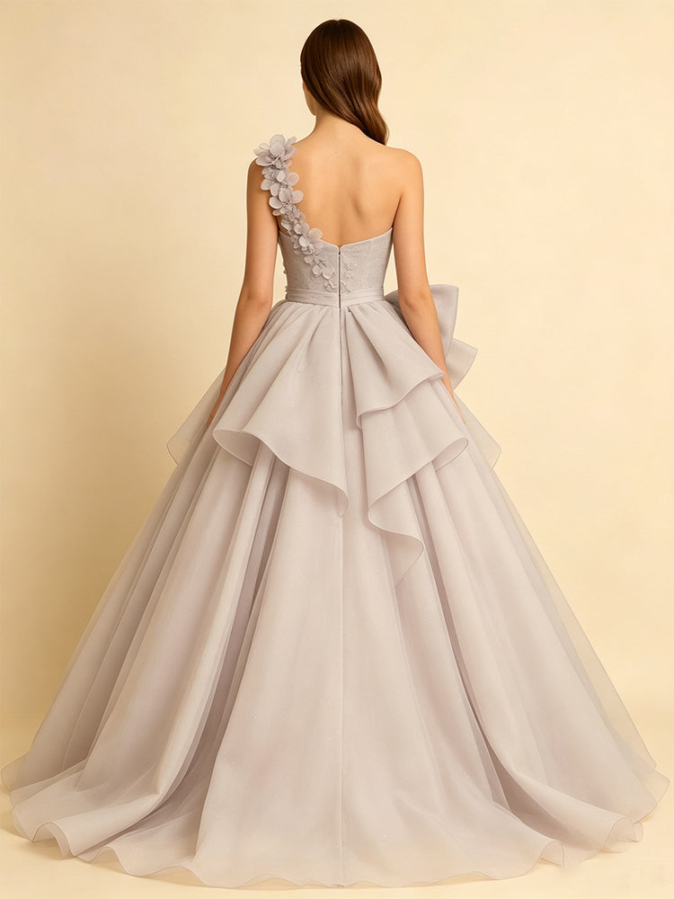 Organza Ball Gown One Shoulder Long Evening Dresses with 3D Flowers