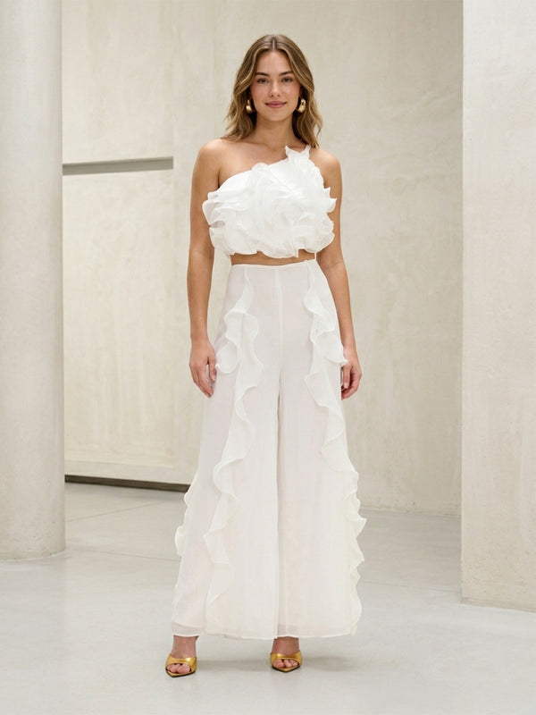 2 Pieces Chiffon One Shoulder Long Evening Pantsuit with Ruffles
