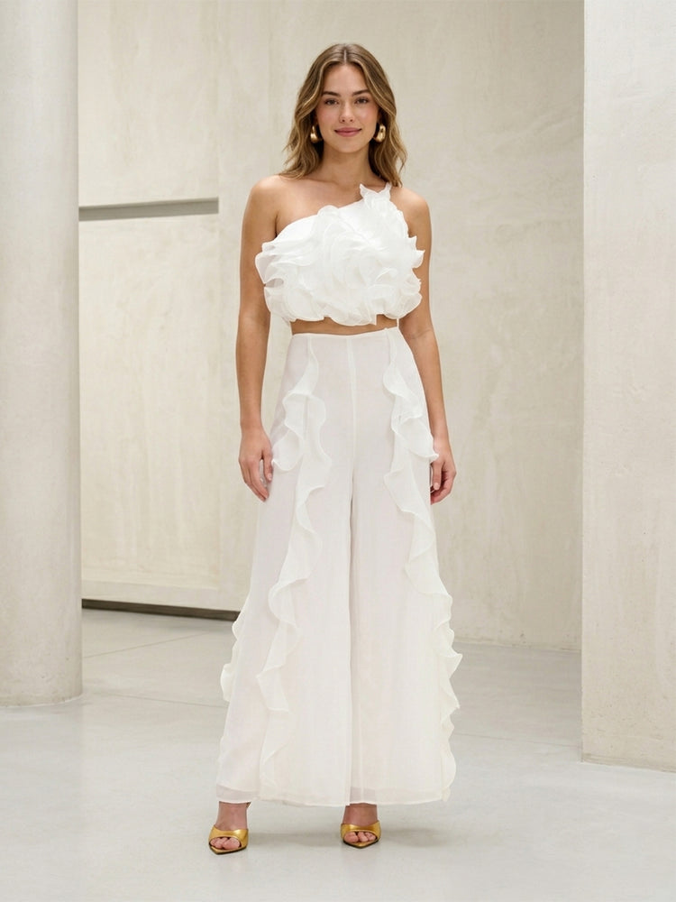 2 Pieces Chiffon One Shoulder Long Evening Pantsuit with Ruffles