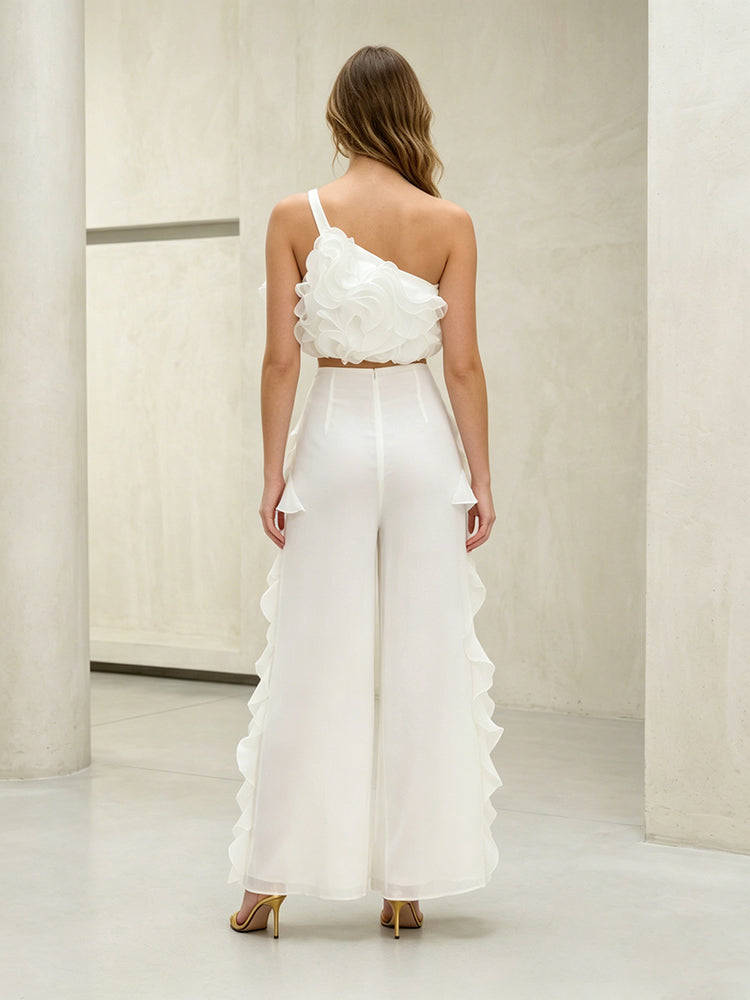2 Pieces Chiffon One Shoulder Long Evening Pantsuit with Ruffles