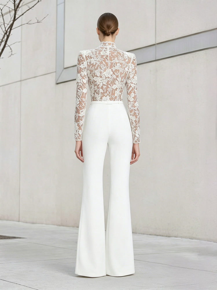 Satin High Neck Long Evening Jumpsuit with Lace Applique