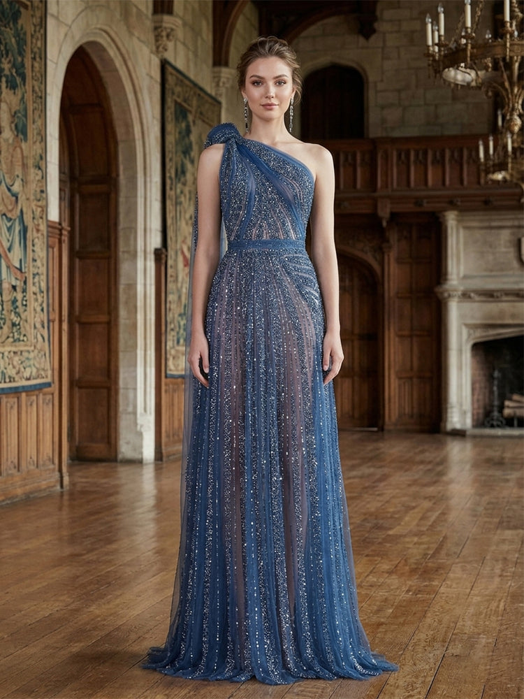 Sequin A-Line One Shoulder Long Evening Dresses with Sash