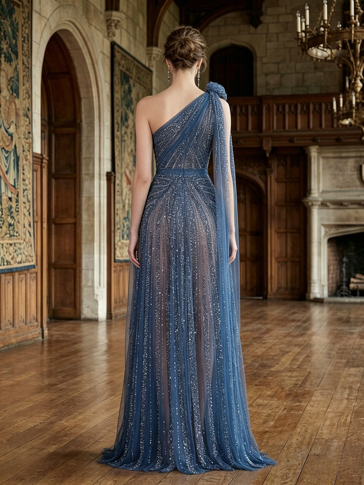 Sequin A-Line One Shoulder Long Evening Dresses with Sash