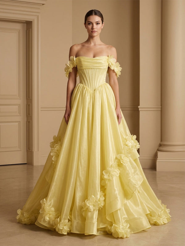 Satin A-Line Off the Shoulder Long Evening Dresses with 3D Flowers
