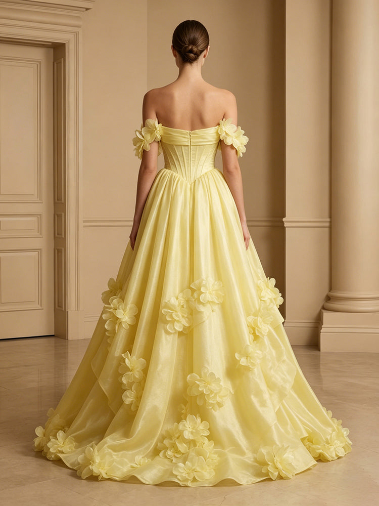 Satin A-Line Off the Shoulder Long Evening Dresses with 3D Flowers