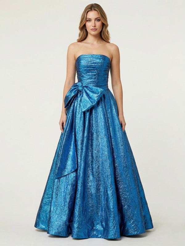 Metallic Satin A-Line Strapless Long Evening Dresses with Bow